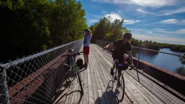 Taking a quick break on the old CN bridge that crosses the Rideau Canal at Chaffeys Lock, near the Opinicon Resort.