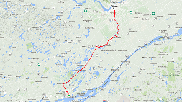 Map of our ride from Kingston to Ottawa. Click the image to see it on Strava.